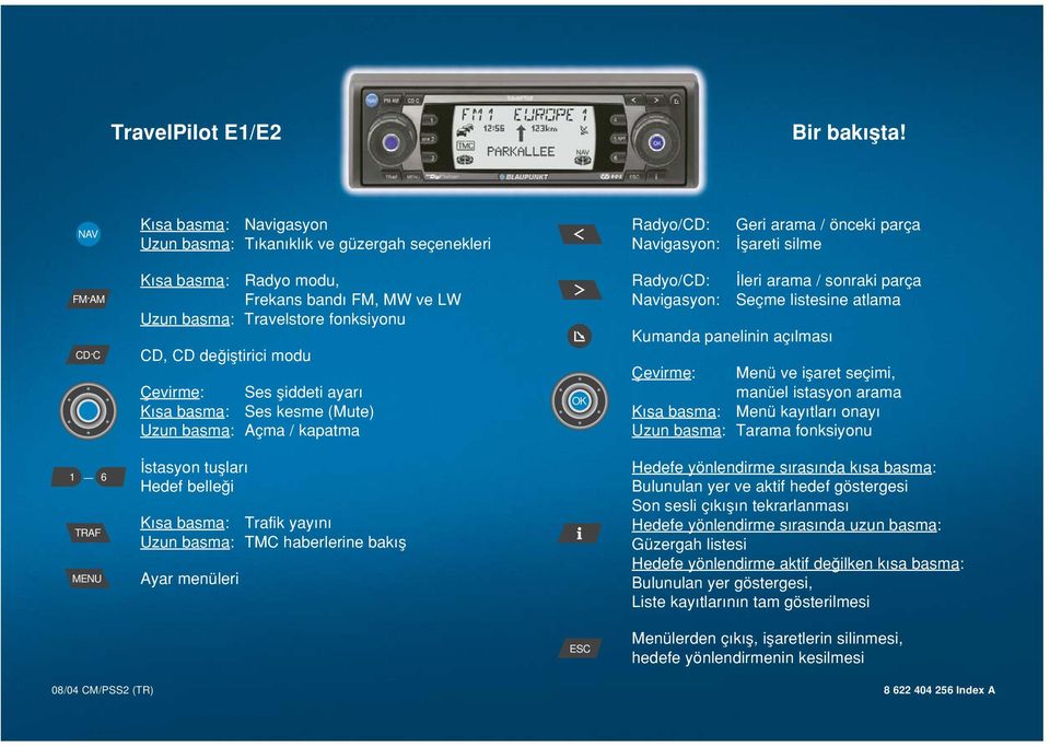 Uzun basma: Travelstore fonksiyonu CD, CD deπiµtirici modu Çevirme: Ses µiddeti ayar K sa basma: Ses kesme (Mute) Uzun basma: Açma / kapatma OK Radyo/CD: Navigasyon: leri arama / sonraki parça Seçme