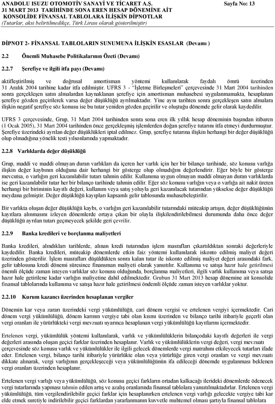 2 Önemli Muhasebe Politikalarının Özeti (Devamı) 2.2.7 ġerefiye ve ilgili itfa payı (Devamı) aktifleģtirilmiģ ve doğrusal amortisman yöntemi kullanılarak faydalı ömrü üzerinden 31 Aralık 2004 tarihine kadar itfa edilmiģtir.