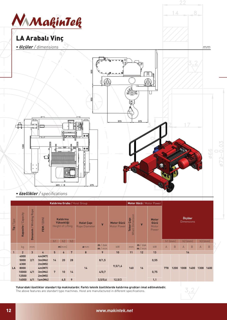 The above features are standart type machines. Hoist are manufactured in different specifications.