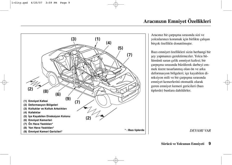 Kolonu (6) Emniyet Kemerleri (7) Ön Hava Yastıkları* (8) Yan Hava Yastıkları* (9) Emniyet Kemeri Gericileri* (3) (1) (7) (2) (4) (5) (7) * : Bazı tiplerde Aracınız bir çarpışma sırasında sizi ve