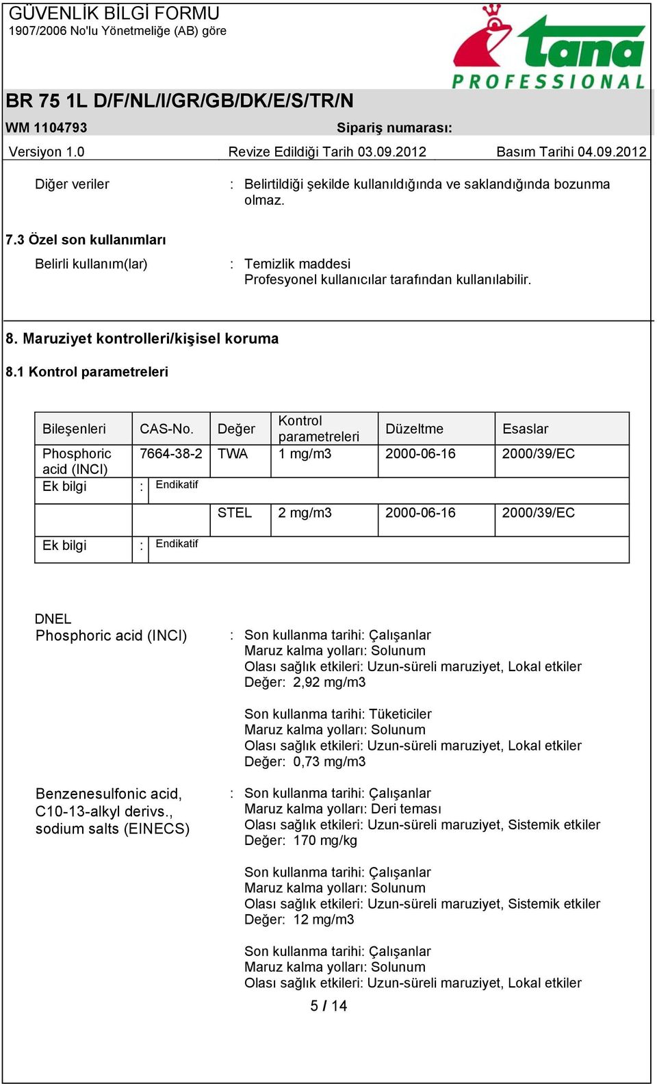 1 Kontrol parametreleri Bileşenleri CAS-No.