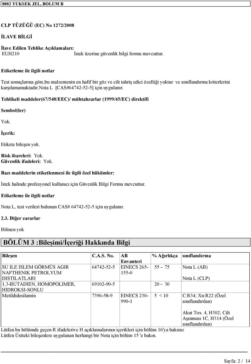 Tehlikeli maddeler(67/548/eec)/ mühtahzarlar (1999/45/EC) direktifi Sembol(ler) Yok. İçerik: Etikete bileşen yok. Risk ibareleri: Yok. Güvenlik ifadeleri: Yok.