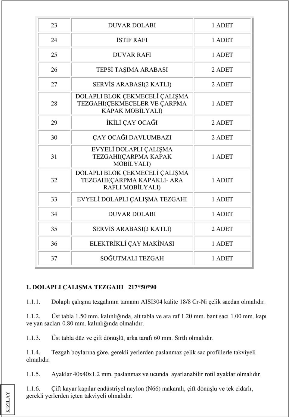 DOLAPLI ÇALIŞMA TEZGAHI 34 DUVAR DOLABI 35 SERVİS ARABASI(3 KATLI) 2 ADET 36 ELEKTRİKLİ ÇAY MAKİNASI 37 SOĞUTMALI TEZGAH 1. DOLAPLI ÇALIŞMA TEZGAHI 217*50*90 1.1.1. Dolaplı çalışma tezgahının tamamı AISI304 kalite 18/8 Cr-Ni çelik sacdan 1.