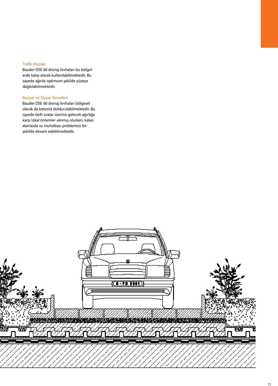 Bariyer ve Duvar Temelleri Bauder DSE 60 drenaj levhaları bölgesel olarak da betonla doldurulabilmektedir.