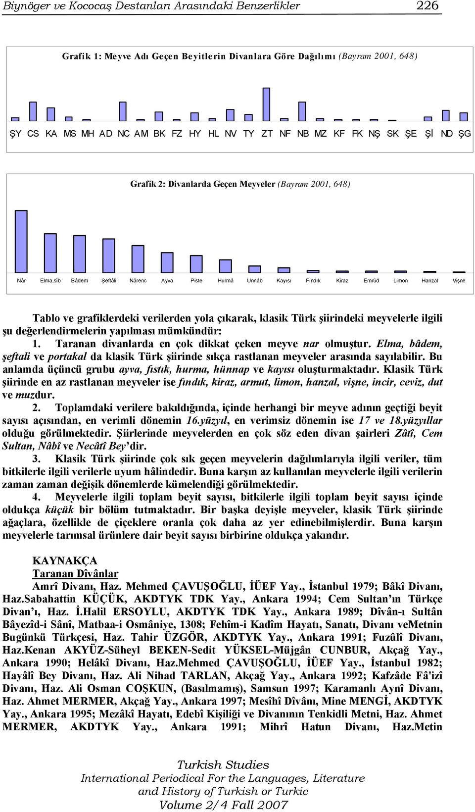 verilerden yola çıkarak, klasik Türk şiirindeki meyvelerle ilgili şu değerlendirmelerin yapılması mümkündür: 1. Taranan divanlarda en çok dikkat çeken meyve nar olmuştur.