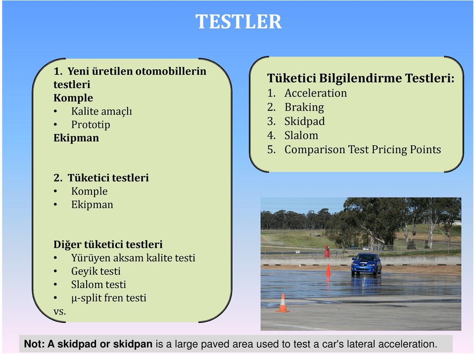 Testleri: 1. Acceleration 2. Braking 3. Skidpad 4. Slalom 5. Comparison Test Pricing Points 2.