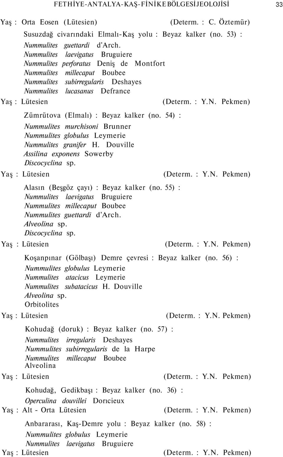 : Beyaz kalker (no. 54) : Nummulites murchisoni Brunner Nummulites globulus Leymerie Nummulites granifer H. Douville Assilina exponens Sowerby Discocyclina sp.