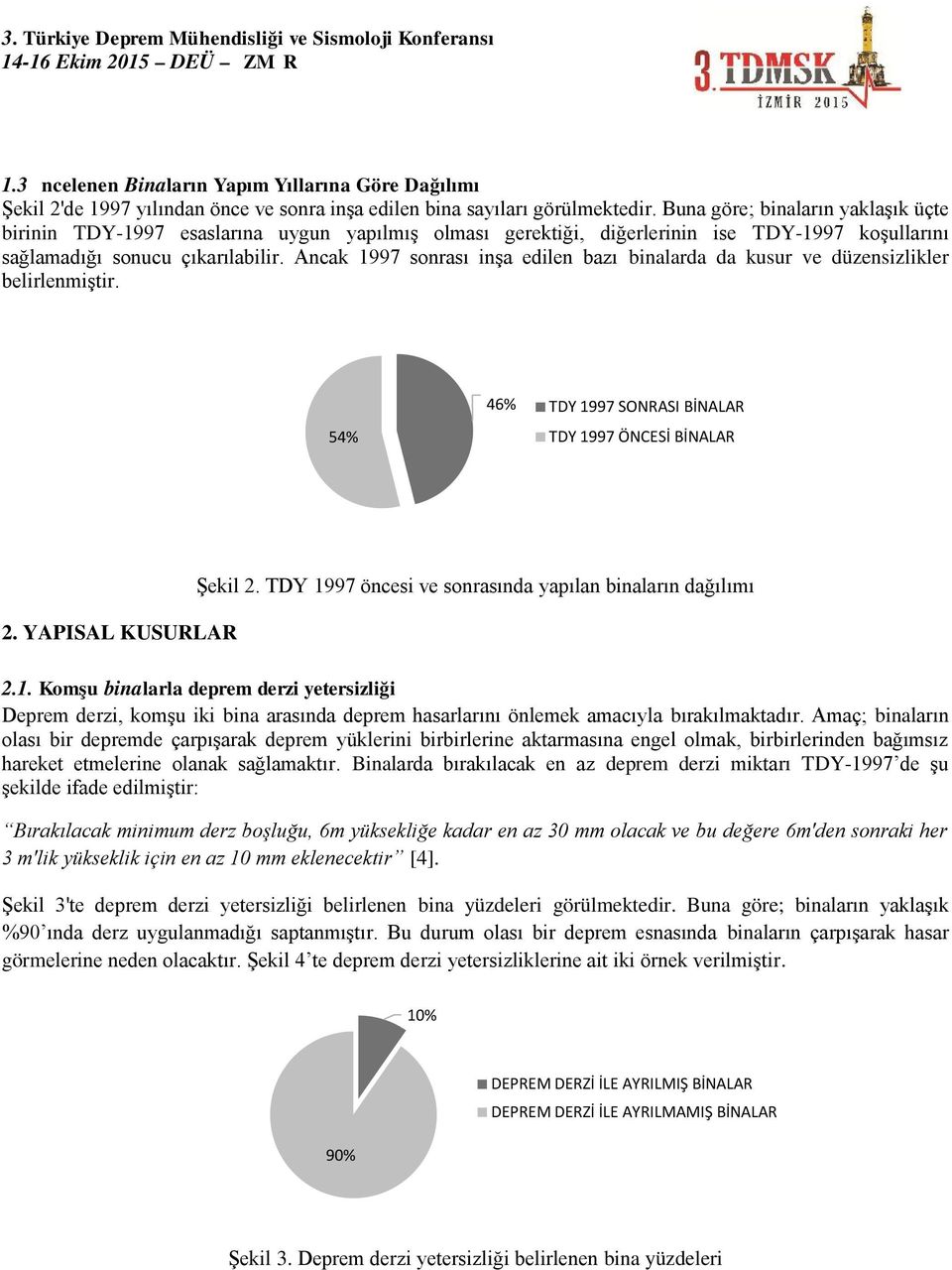 Ancak 1997 sonrası inşa edilen bazı binalarda da kusur ve düzensizlikler belirlenmiştir. 54% 46% TDY 1997 SONRASI BİNALAR TDY 1997 ÖNCESİ BİNALAR 2. YAPISAL KUSURLAR Şekil 2.