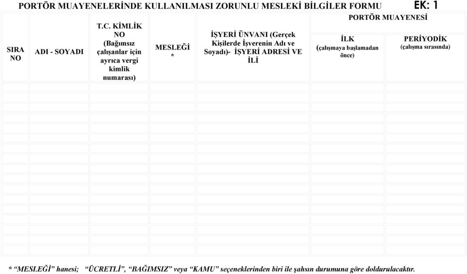 İşverenin Adı ve Soyadı)- İŞYERİ ADRESİ VE İLİ İLK (çalışmaya başlamadan önce) PORTÖR MUAYENESİ PERİYODİK