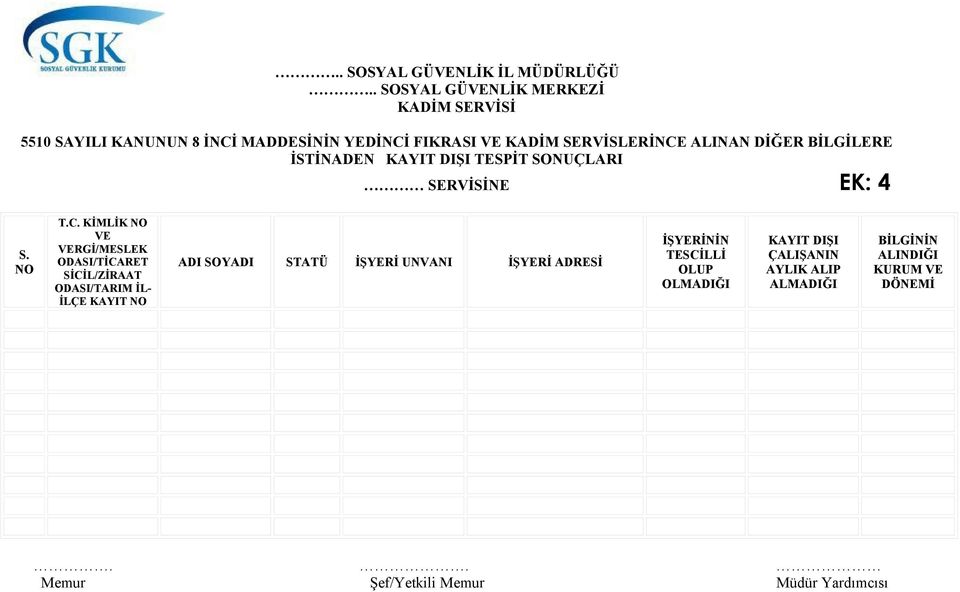 DİĞER BİLGİLERE İSTİNADEN KAYIT DIŞI TESPİT SONUÇLARI SERVİSİNE EK: 4 S. NO T.C.