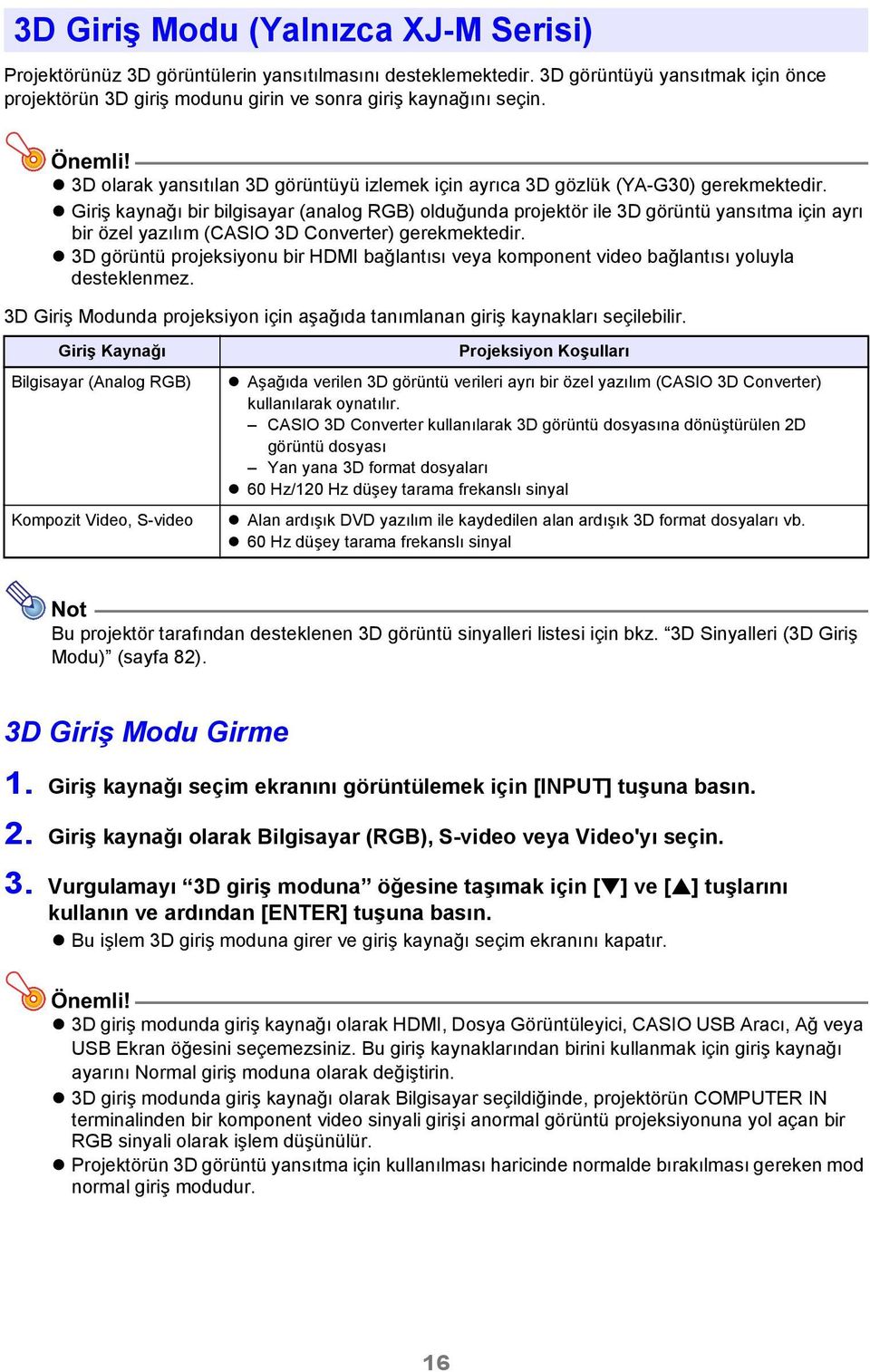 Giriş kaynağı bir bilgisayar (analog RGB) olduğunda projektör ile 3D görüntü yansıtma için ayrı bir özel yazılım (CASIO 3D Converter) gerekmektedir.