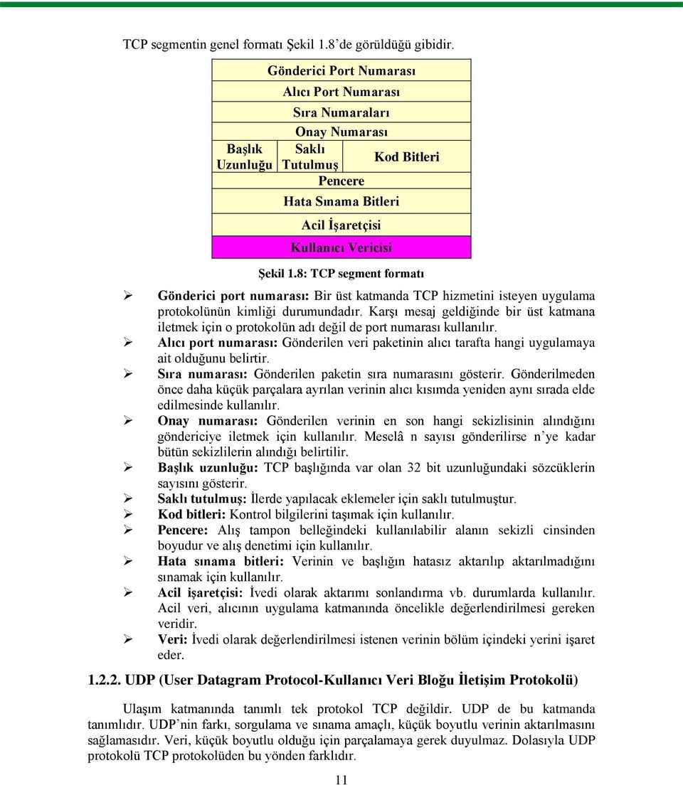 8: TCP segment formatı Gönderici port numarası: Bir üst katmanda TCP hizmetini isteyen uygulama protokolünün kimliği durumundadır.