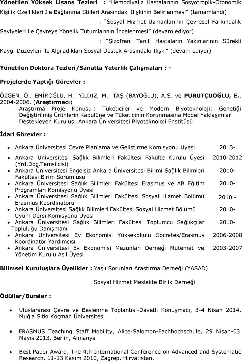 Arasındaki İlişki (devam ediyor) Yönetilen Doktora Tezleri/Sanatta Yeterlik Çalışmaları : - Projelerde Yaptığı Görevler : ÖZGEN, Ö., EMİROĞLU, H., YILDIZ, M., TAŞ (BAYOĞLU), A.S. ve PURUTÇUOĞLU, E.