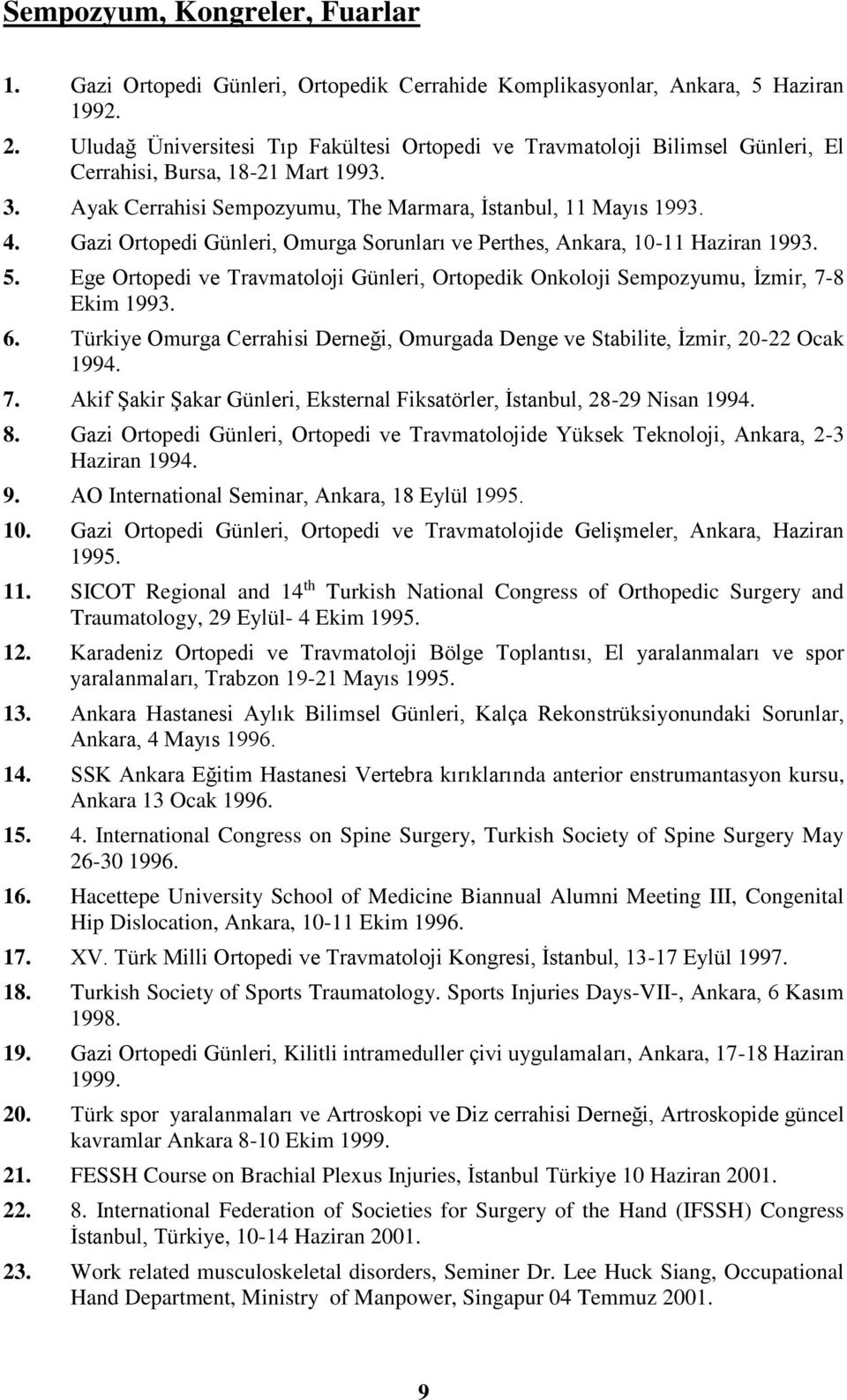 Gazi Ortopedi Günleri, Omurga Sorunları ve Perthes, Ankara, 10-11 Haziran 1993. 5. Ege Ortopedi ve Travmatoloji Günleri, Ortopedik Onkoloji Sempozyumu, İzmir, 7-8 Ekim 1993. 6.