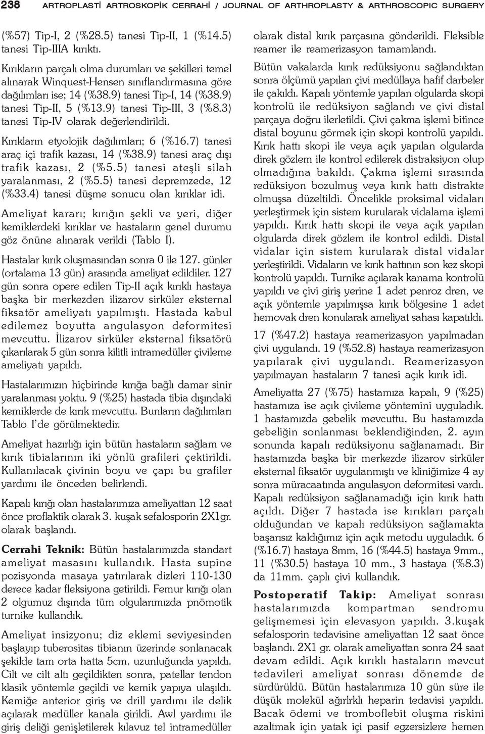 9) tanesi Tip-III, 3 (%8.3) tanesi Tip-IV olarak deðerlendirildi. Kýrýklarýn etyolojik daðýlýmlarý; 6 (%16.7) tanesi araç içi trafik kazasý, 14 (%38.9) tanesi araç dýþý trafik kazasý, 2 (%5.