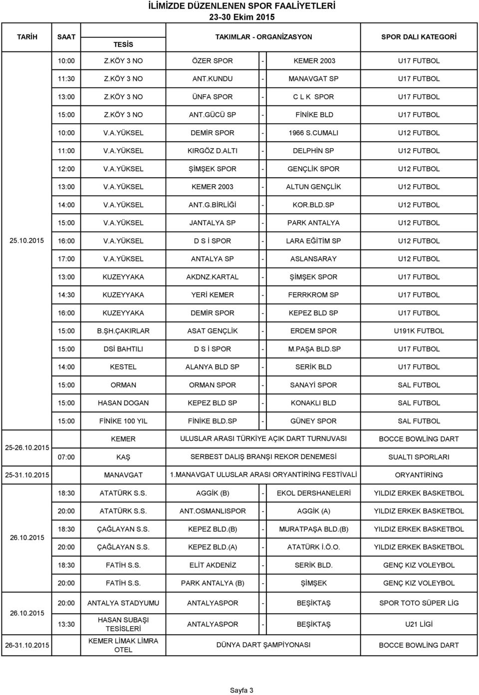 A. D S İ LARA EĞİTİM SP U12 FUTBOL 17:00 V.A. ANTALYA SP ASLANSARAY U12 FUTBOL 13:00 KUZEYYAKA AKDNZ.
