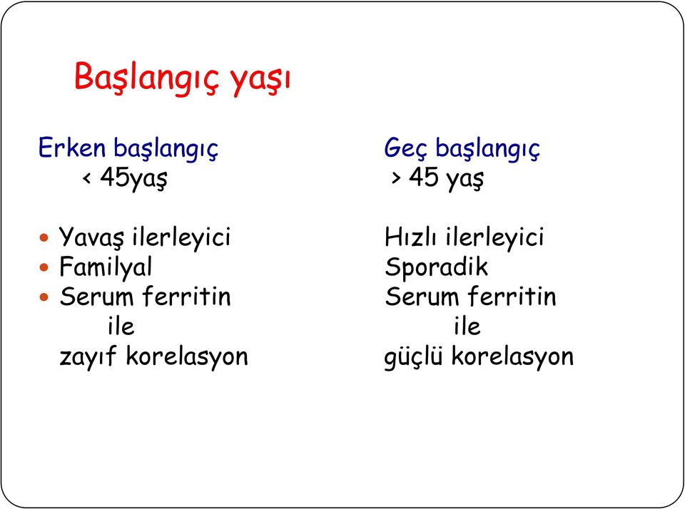 ferritin ile zayıf korelasyon Hızlı ilerleyici