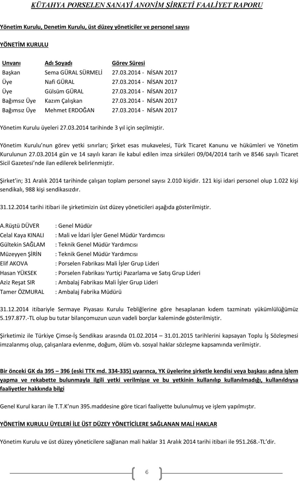 Yönetim Kurulu nun görev yetki sınırları; Şirket esas mukavelesi, Türk Ticaret Kanunu ve hükümleri ve Yönetim Kurulunun 27.03.