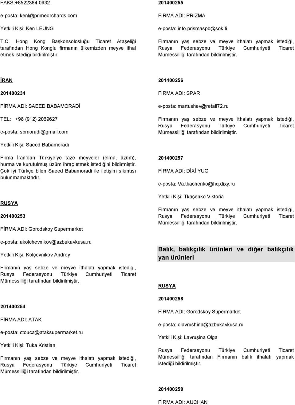 fi Firmanın yaş sebze ve meyve ithalatı yapmak istediği, Mümessilliği tarafından bildirilmiştir. İRAN 201400234 FİRMA ADI: SAEED BABAMORADİ TEL: +98 (912) 2069627 e-posta: sbmoradi@gmail.