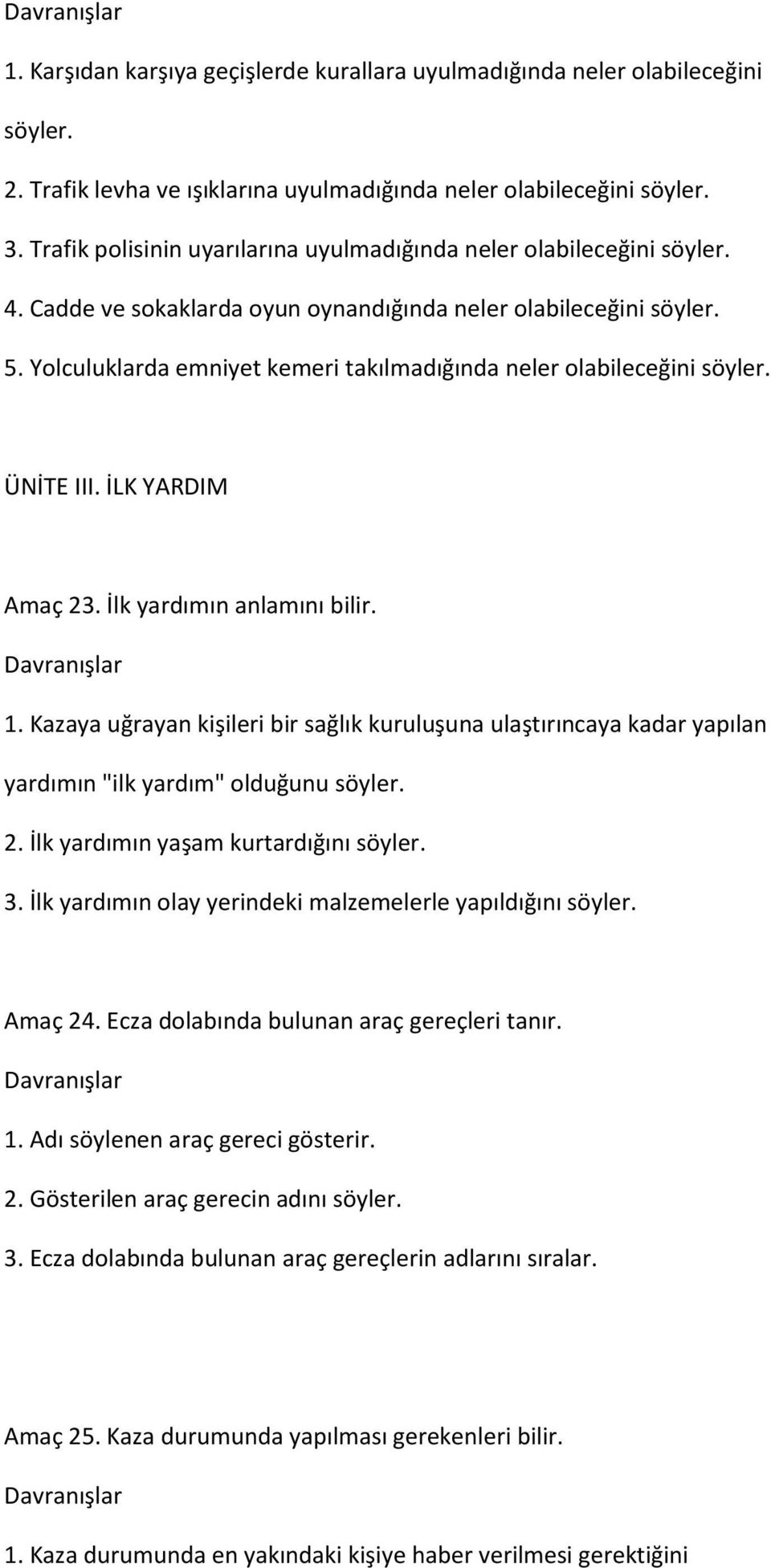 Yolculuklarda emniyet kemeri takılmadığında neler olabileceğini söyler. ÜNİTE III. İLK YARDIM Amaç 23. İlk yardımın anlamını bilir. 1.