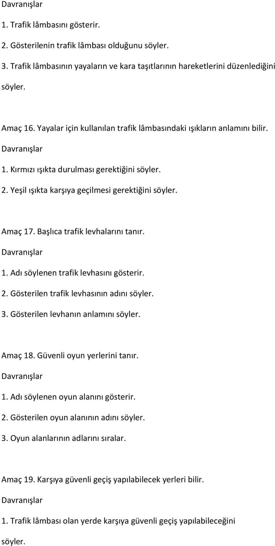 Başlıca trafik levhalarını tanır. 1. Adı söylenen trafik levhasını gösterir. 2. Gösterilen trafik levhasının adını söyler. 3. Gösterilen levhanın anlamını söyler. Amaç 18.