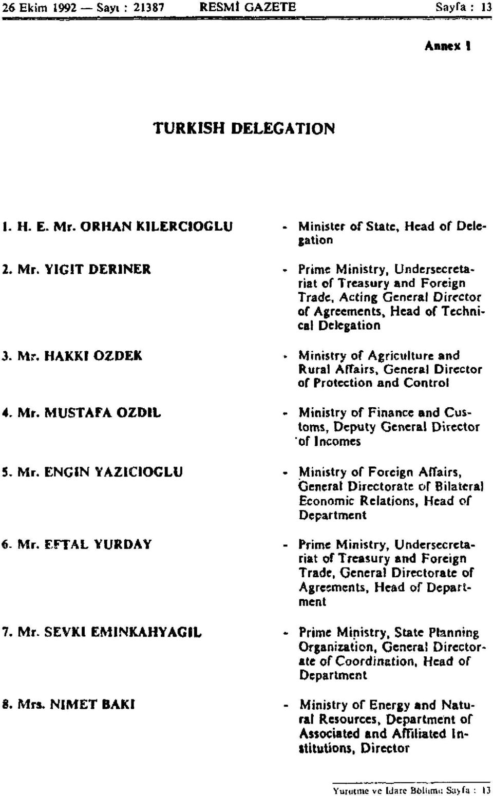 NİMET BAKI - Minister or State, Head of Delegation - Prime Ministry, Undersecretary of Treasury and Foreign Trade, Acting General Director of Agreements, Head of Technical Delegation - Ministry of