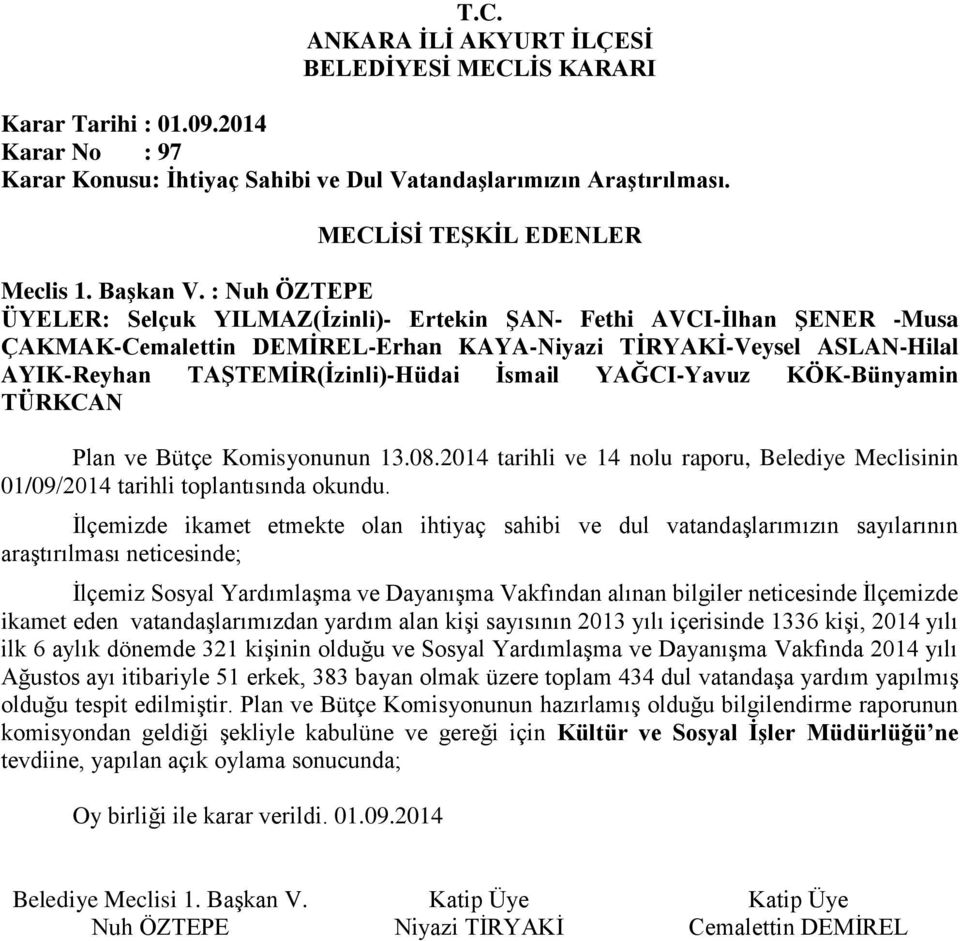 2014 tarihli ve 14 nolu raporu, Belediye Meclisinin 01/09/2014 tarihli toplantısında okundu.