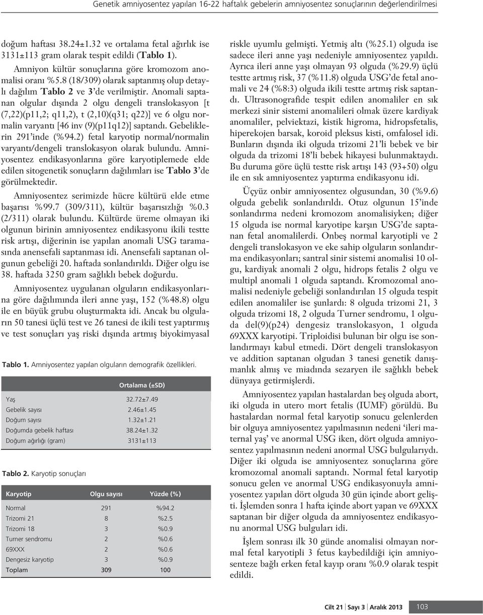 Anomali saptanan olgular d fl nda 2 olgu dengeli translokasyon [t (7,22)(p11,2; q11,2), t (2,10)(q31; q22)] ve 6 olgu normalin varyant [46 inv (9)(p11q12)] saptand. Gebeliklerin 291 inde (%94.