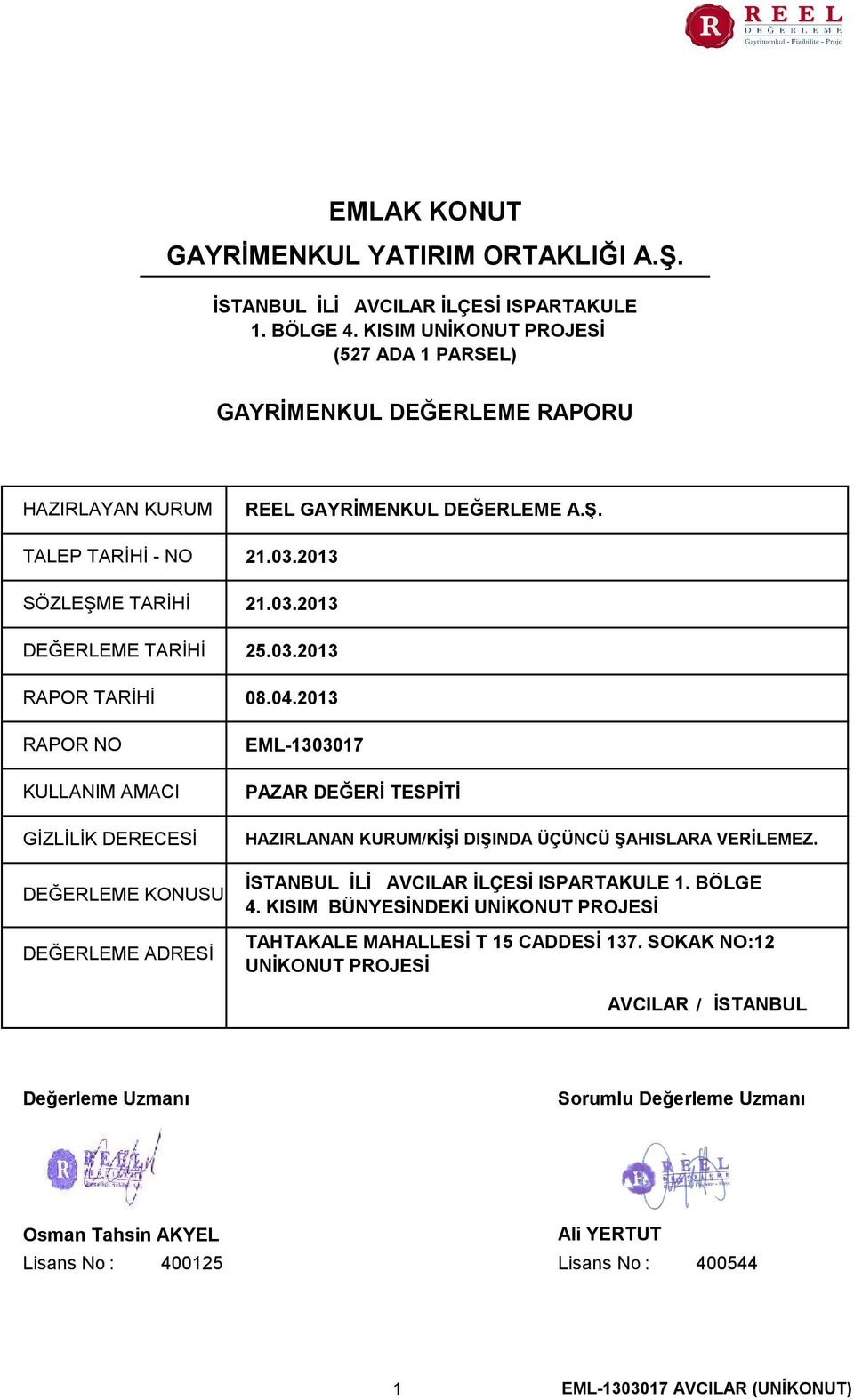 2013 SÖZLEŞME TARİHİ 21.03.2013 DEĞERLEME TARİHİ 25.03.2013 RAPOR TARİHİ RAPOR NO KULLANIM AMACI GİZLİLİK DERECESİ DEĞERLEME KONUSU DEĞERLEME ADRESİ 08.04.