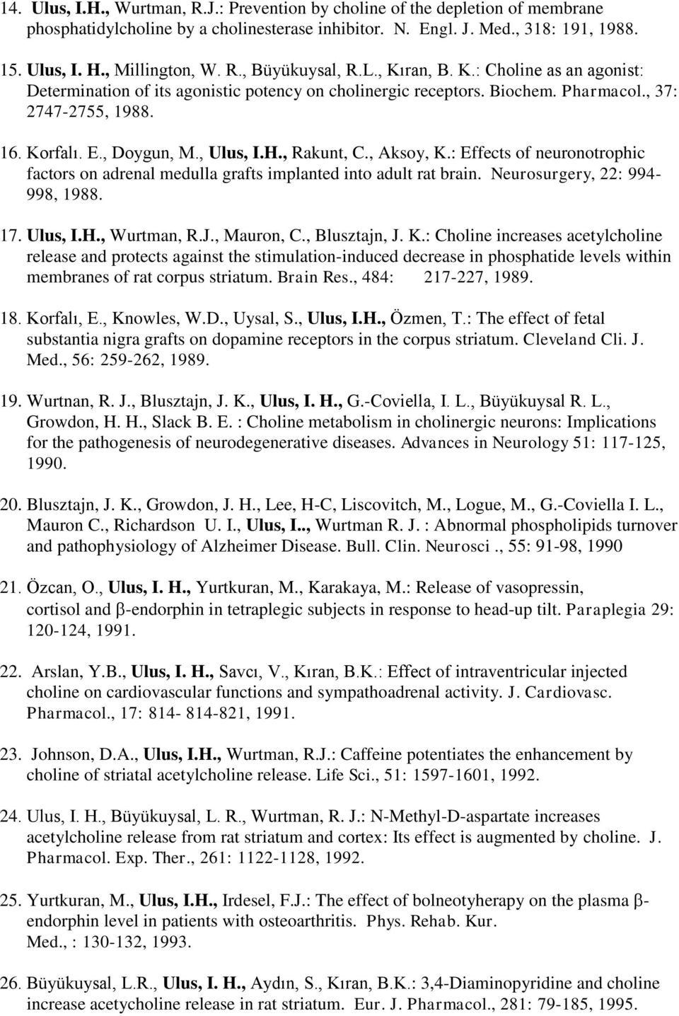 , Ulus, I.H., Rakunt, C., Aksoy, K.: Effects of neuronotrophic factors on adrenal medulla grafts implanted into adult rat brain. Neurosurgery, 22: 994-998, 1988. 17. Ulus, I.H., Wurtman, R.J.