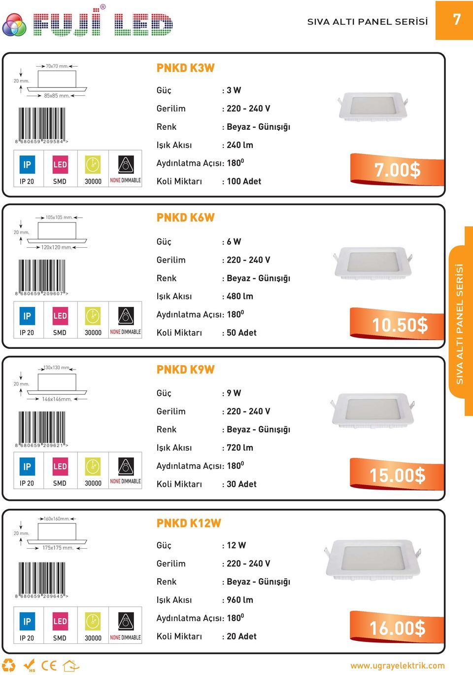 : 6 W 20 SMD 30000 NONE DIMMABLE 130x130 mm. 20 mm. 146x146mm. : 480 lm Aydınlatma Açısı: 180 0 Koli Miktarı : 50 Adet PNKD K9W : 9 W 10.