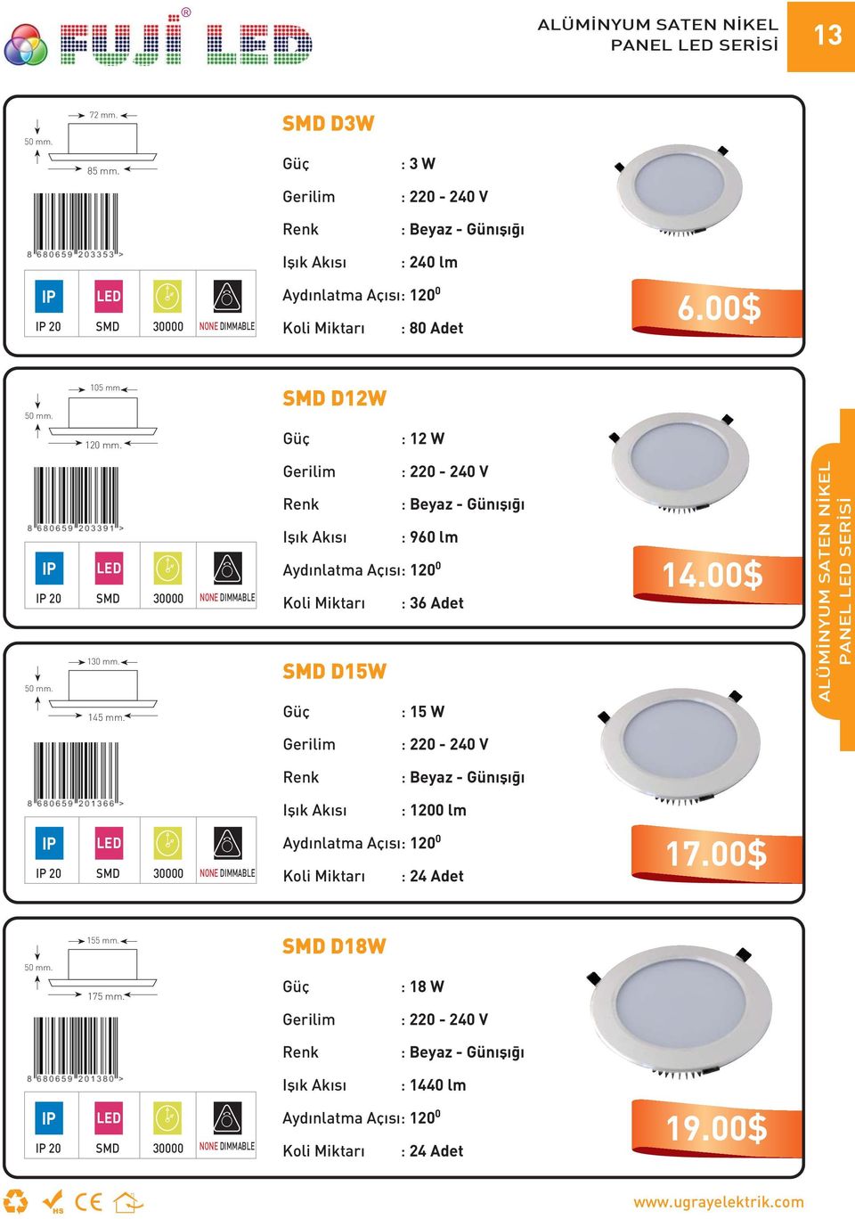 : 12 W 20 SMD 30000 NONE DIMMABLE 130 mm. 50 mm. 145 mm. : 960 lm Koli Miktarı : 36 Adet SMD D15W : 15 W 14.