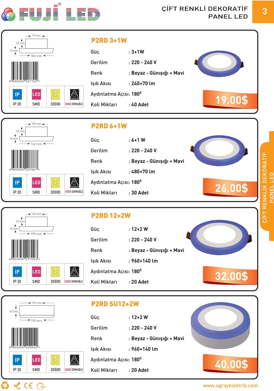 20 SMD 30000 160 mm. 20 mm. NONE DIMMABLE : 6+1 W + Mavi : 480+70 lm Aydınlatma Açısı: 180 0 Koli Miktarı : 30 Adet P2D 12+2W 26.