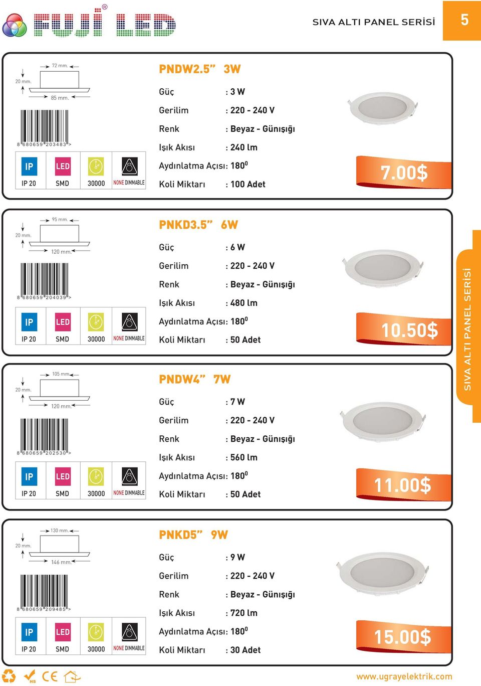 : 6 W 20 SMD 30000 NONE DIMMABLE 105 mm. 20 mm. : 480 lm Aydınlatma Açısı: 180 0 Koli Miktarı : 50 Adet PNDW4 7W 10.