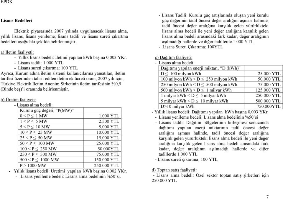 000 YTL - Lisans sureti çıkartma: 100 YTL Ayrıca, Kurum adına iletim sistemi kullanıcılarına yansıtılan, iletim tarifesi üzerinden tahsil edilen iletim ek ücreti oranı, 2007 yılı için, Türkiye