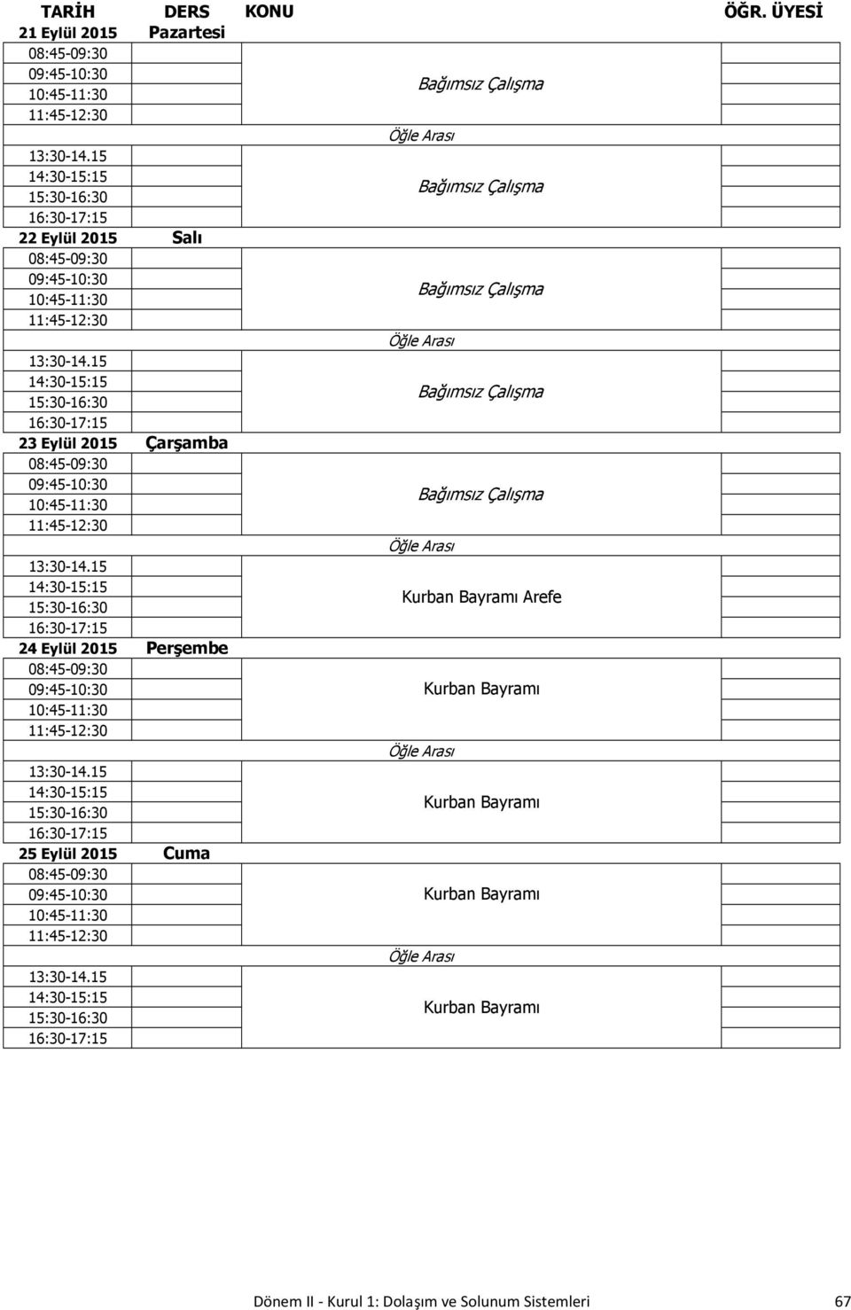 Eylül 2015 Perşembe 08:45-09:30 09:45-10:30 Kurban Bayramı 10:45-11:30 11:45-12:30 25 Eylül 2015 Cuma Kurban Bayramı