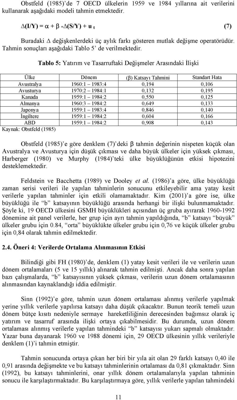 Tablo 5: Yatırım ve Tasarruftaki Değişmeler Arasındaki İlişki Ülke Dönem (β) Katsayı Tahmini Standart Hata Avustralya 1960:1 1983:4 0,194 0,106 Avusturya 1970:2 1984:1 0,132 0,195 Kanada 1959:1