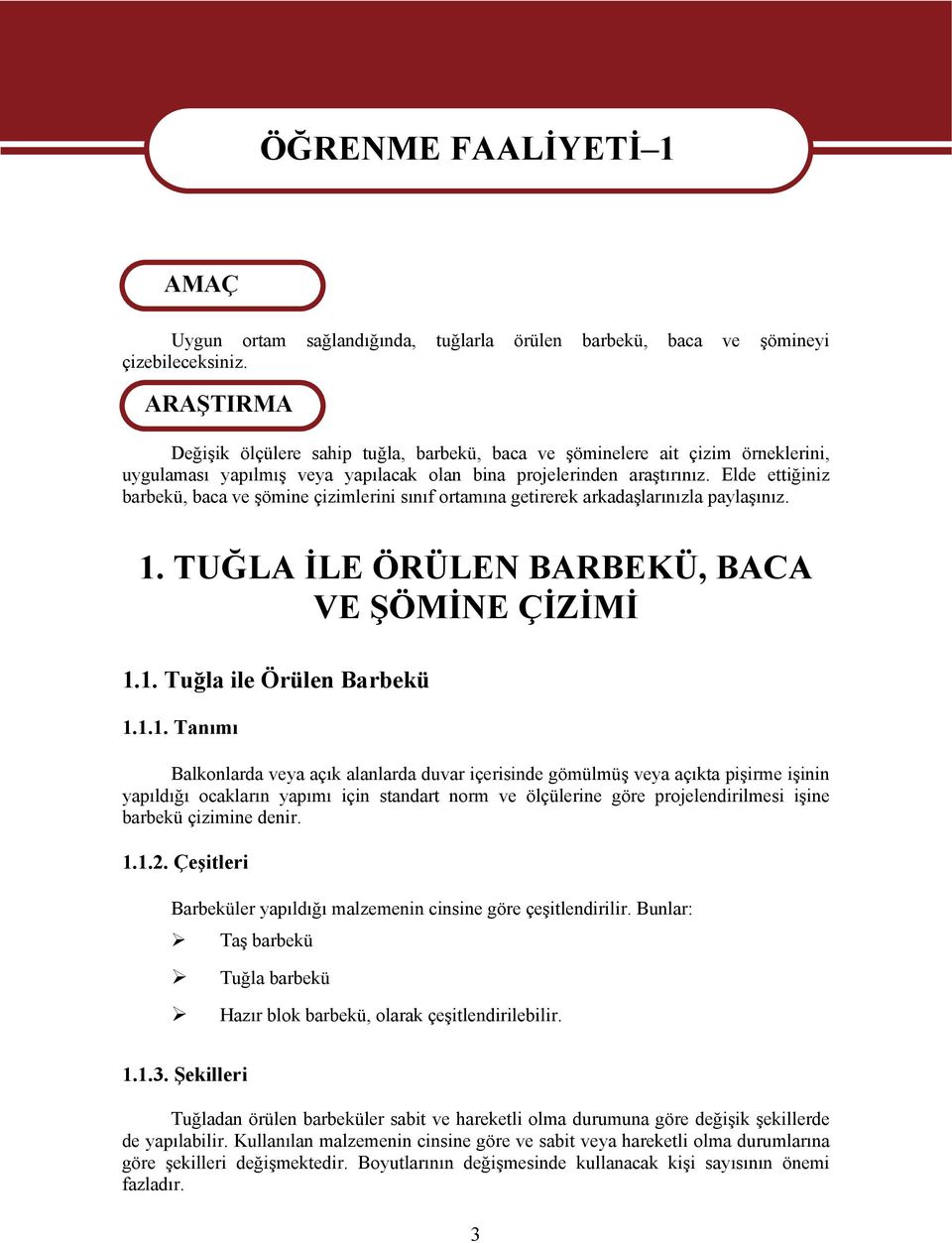 Elde ettiğiniz barbekü, baca ve şömine çizimlerini sınıf ortamına getirerek arkadaşlarınızla paylaşınız. 1.