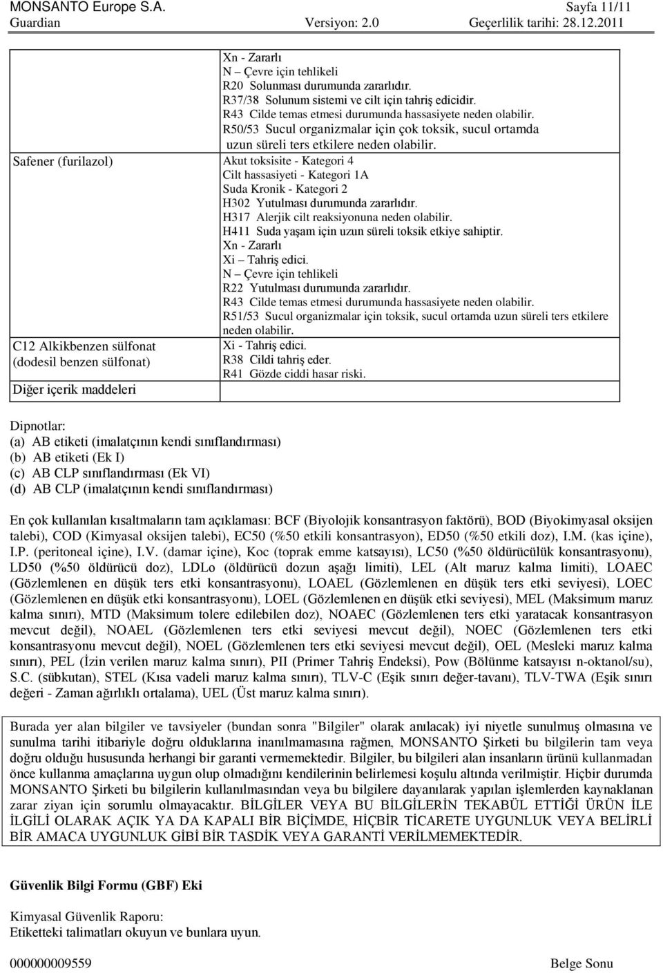 Safener (furilazol) Akut toksisite - Kategori 4 Cilt hassasiyeti - Kategori 1A Suda Kronik - Kategori 2 H302 Yutulması durumunda zararlıdır. H317 Alerjik cilt reaksiyonuna neden olabilir.