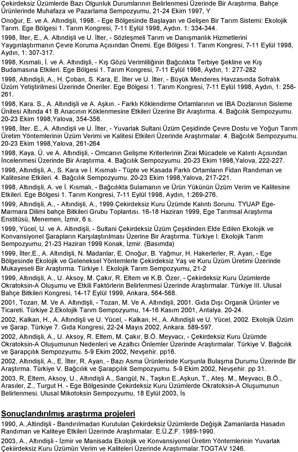 İlter, - Sözleşmeli Tarım ve Danışmanlık Hizmetlerini Yaygınlaştırmanın Çevre Koruma Açısından Önemi. Ege Bölgesi 1. Tarım Kongresi, 7-11 Eylül 1998, Aydın, 1: 307-317. 1998, Kısmalı, İ. ve A.
