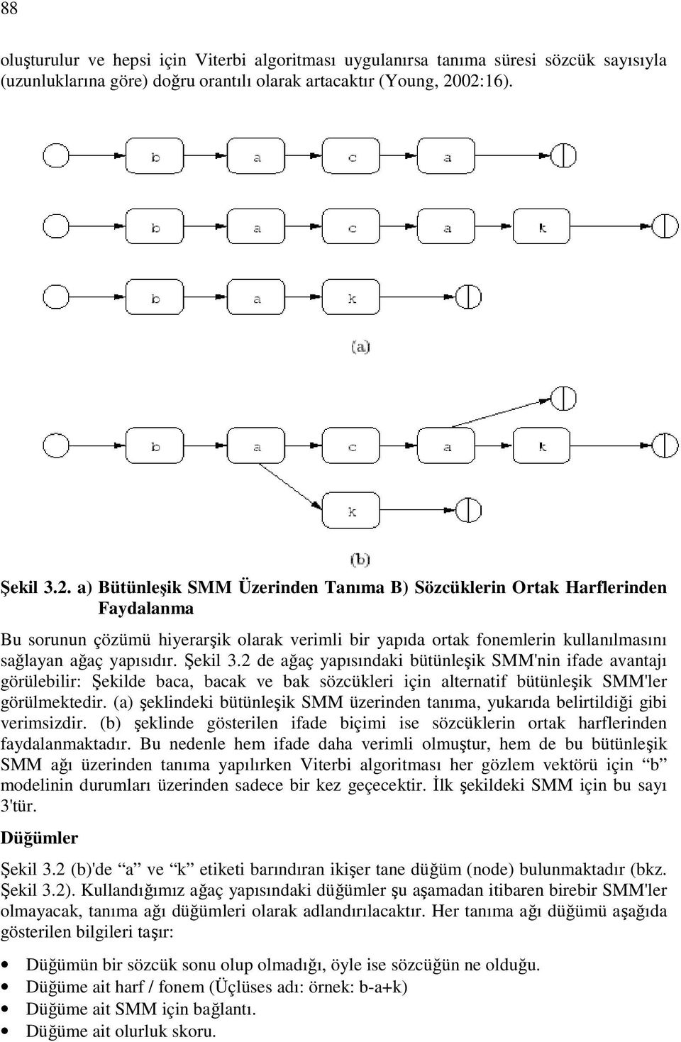 Şekil 3.2 de ağaç yapısındaki bütünleşik SMM'nin ifade avantajı görülebilir: Şekilde baca, bacak ve bak sözcükleri için alternatif bütünleşik SMM'ler görülmektedir.