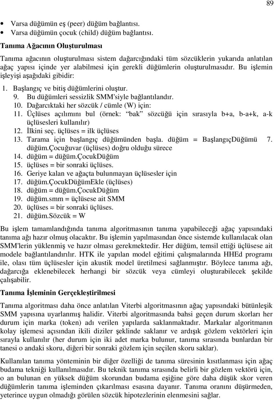 Bu işlemin işleyişi aşağıdaki gibidir: 1. Başlangıç ve bitiş düğümlerini oluştur. 9. Bu düğümleri sessizlik SMM'siyle bağlantılandır. 10. Dağarcıktaki her sözcük / cümle (W) için: 11.