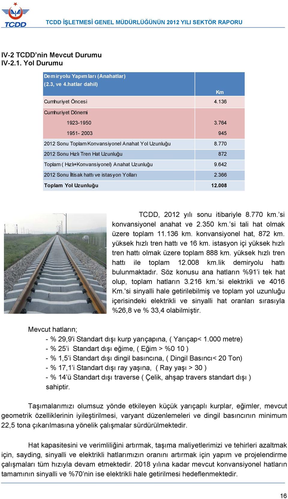 642 2012 Sonu İltisak hattı ve istasyon Yolları 2.366 Toplam Yol Uzunluğu 12.008 Km TCDD, 2012 yılı sonu itibariyle 8.770 km. si konvansiyonel anahat ve 2.350 km. si tali hat olmak üzere toplam 11.