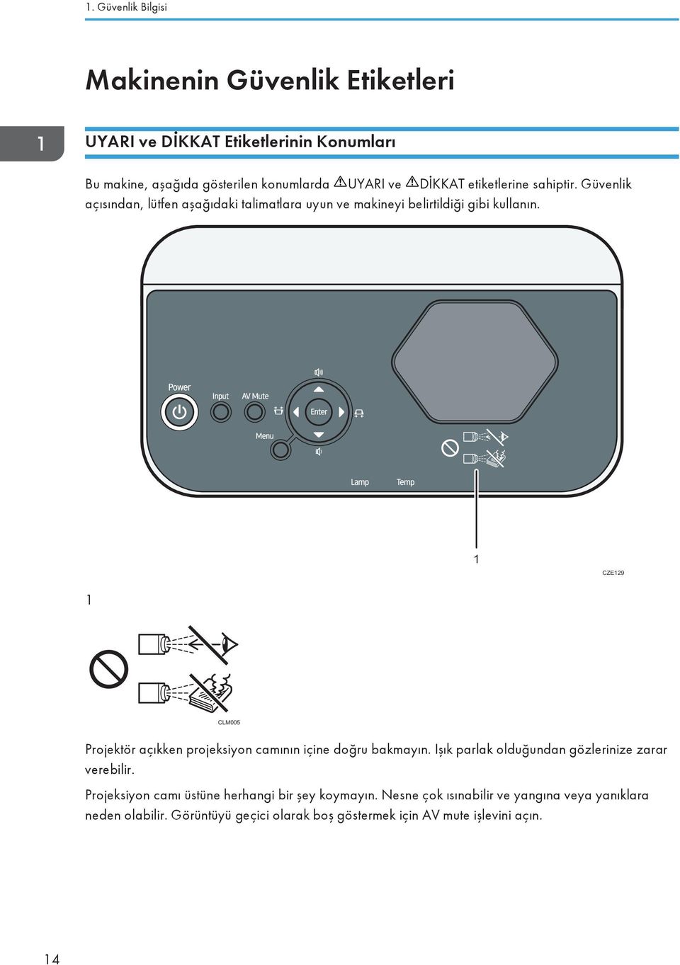 1 CZE129 1 CLM005 Projektör açıkken projeksiyon camının içine doğru bakmayın. Işık parlak olduğundan gözlerinize zarar verebilir.