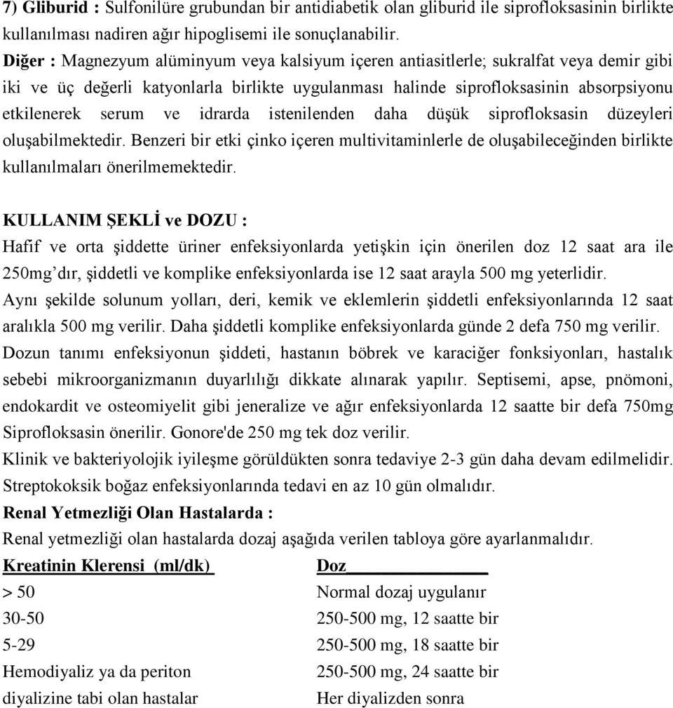 idrarda istenilenden daha düşük siprofloksasin düzeyleri oluşabilmektedir. Benzeri bir etki çinko içeren multivitaminlerle de oluşabileceğinden birlikte kullanılmaları önerilmemektedir.