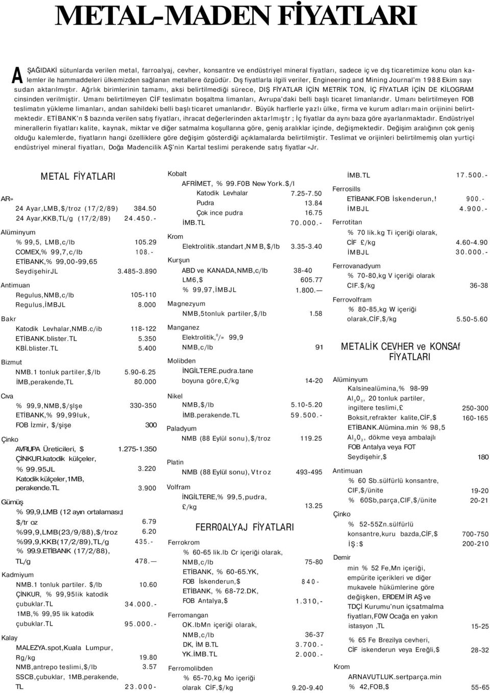 Ağrlık birimlerinin tamamı, aksi belirtilmediği sürece, DIŞ FİYATLAR İÇİN METRİK TON, İÇ FİYATLAR İÇİN DE KİLOGRAM cinsinden verilmiştir.