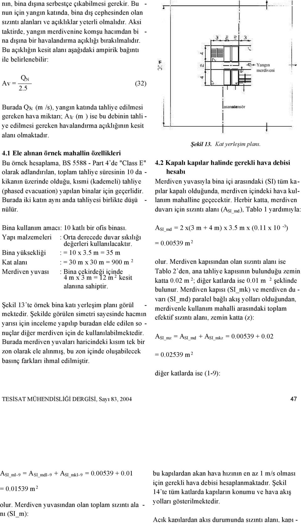 5 Burada Q3N (m /s), yangın katında tahliye edilmesi gereken hava miktarı; A2V (m ) ise bu debinin tahli - ye edilmesi gereken havalandırma açıklığının kesit alanı olmaktadır. 4.