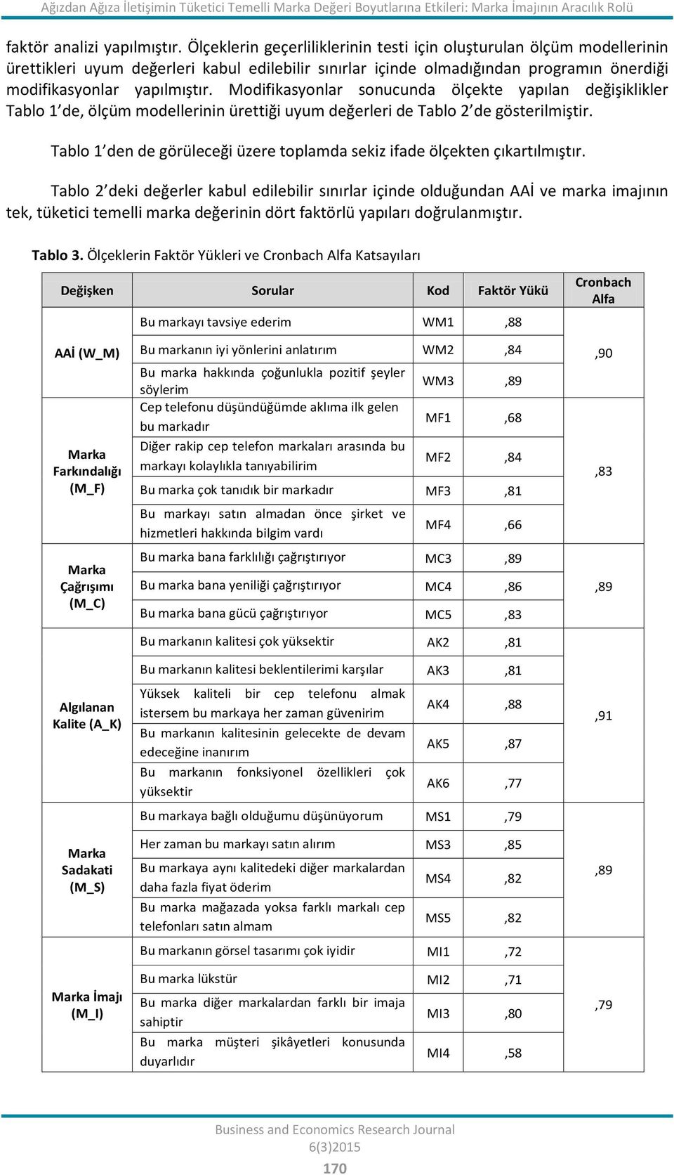 Modifikasyonlar sonucunda ölçekte yapılan değişiklikler Tablo 1 de, ölçüm modellerinin ürettiği uyum değerleri de Tablo 2 de gösterilmiştir.