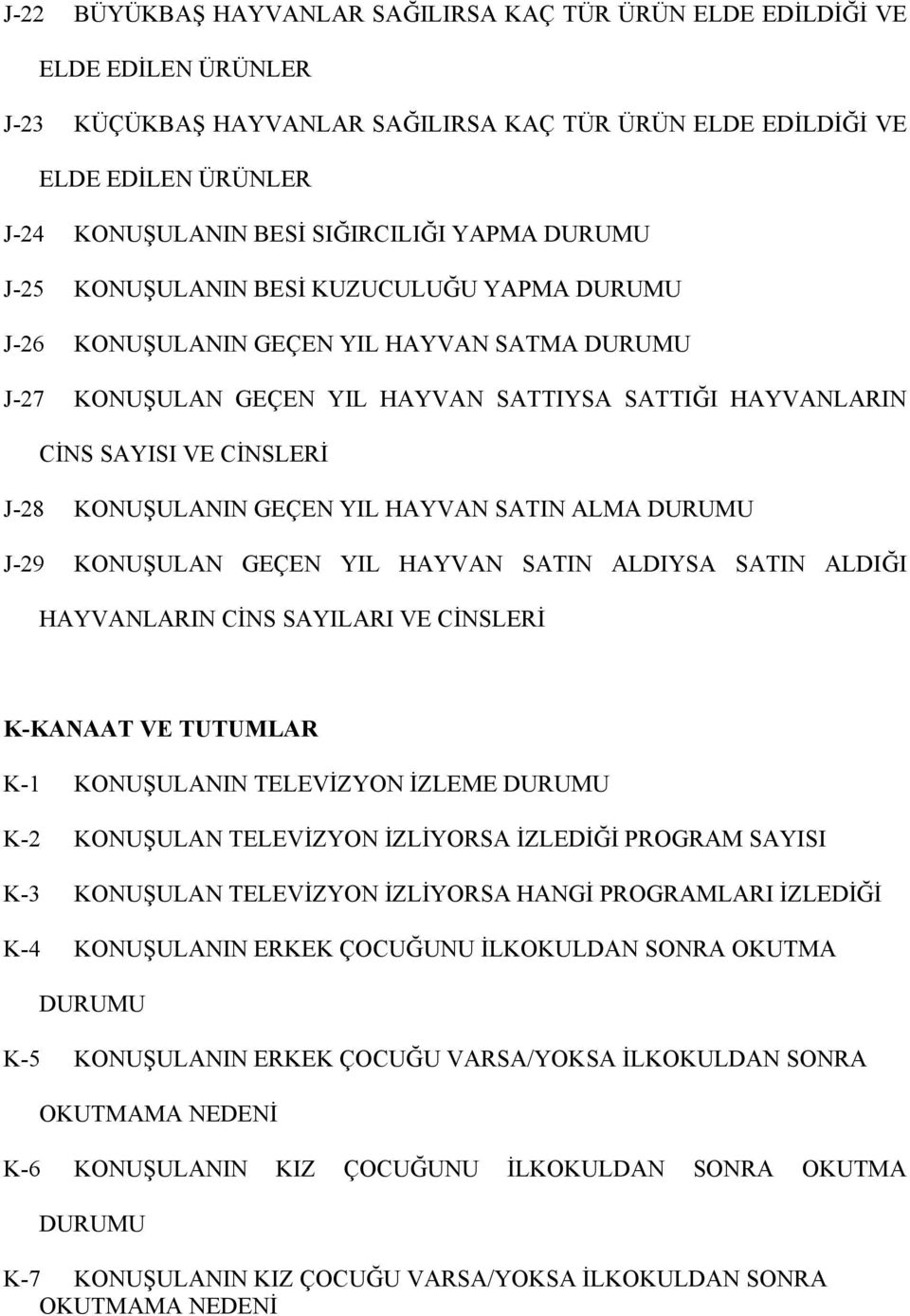 CİNSLERİ J-28 KONUŞULANIN GEÇEN YIL HAYVAN SATIN ALMA DURUMU J-29 KONUŞULAN GEÇEN YIL HAYVAN SATIN ALDIYSA SATIN ALDIĞI HAYVANLARIN CİNS SAYILARI VE CİNSLERİ K-KANAAT VE TUTUMLAR K-1 KONUŞULANIN