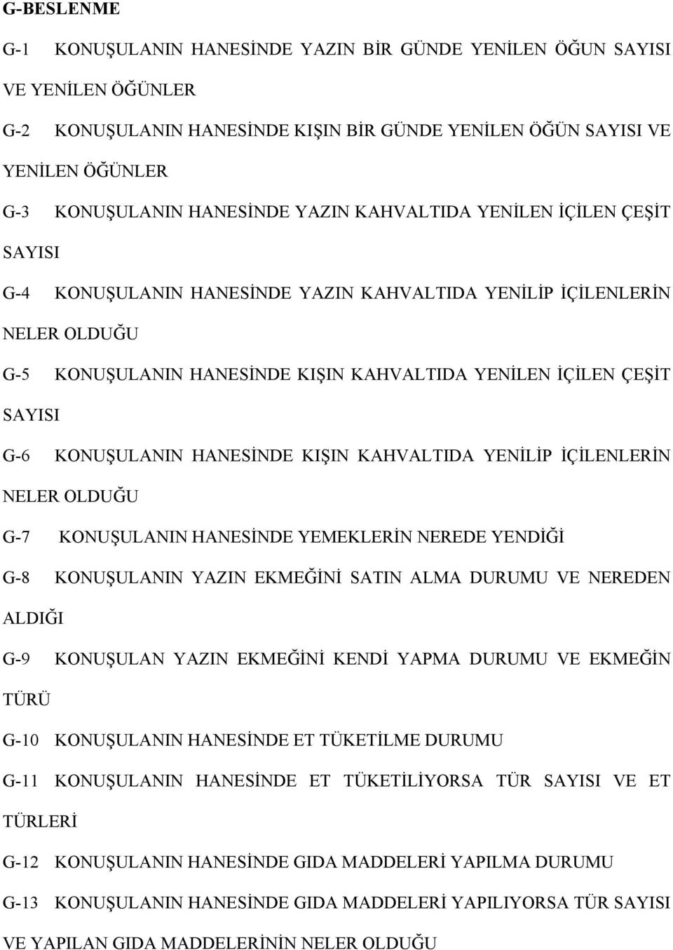 KONUŞULANIN HANESİNDE KIŞIN KAHVALTIDA YENİLİP İÇİLENLERİN NELER OLDUĞU G-7 KONUŞULANIN HANESİNDE YEMEKLERİN NEREDE YENDİĞİ G-8 KONUŞULANIN YAZIN EKMEĞİNİ SATIN ALMA DURUMU VE NEREDEN ALDIĞI G-9